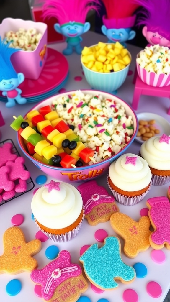 Colorful array of Trolls-inspired snacks including fruit skewers, cupcakes, popcorn, and cookies.